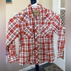 Boys Wrangler Retro Orange Plaid Shirt, Size Medium